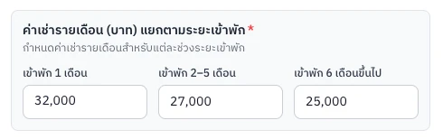 สกรีนช็อตหน้าจอ Nomavaa สำหรับกำหนดค่าเช่ารายเดือนตามระยะเวลาเข้าพัก