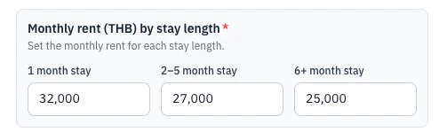 Nomavaa landlord interface screenshot for setting monthly rent by stay length
